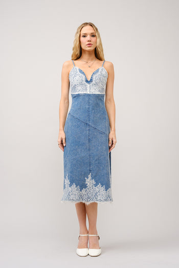Blue B Denim and Lace Cami Top Midi Dress in Denim White