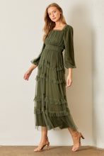 Load image into Gallery viewer, Polagram Long Sleeve Tulle Maxi Dress in Dark Olive
