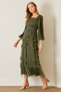 Polagram Long Sleeve Tulle Maxi Dress in Dark Olive