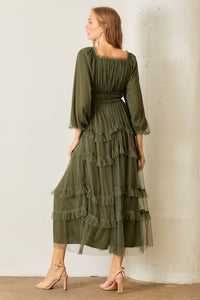 Polagram Long Sleeve Tulle Maxi Dress in Dark Olive