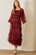 Load image into Gallery viewer, Polagram Long Sleeve Tulle Maxi Dress in Burgundy
