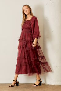 Polagram Long Sleeve Tulle Maxi Dress in Burgundy