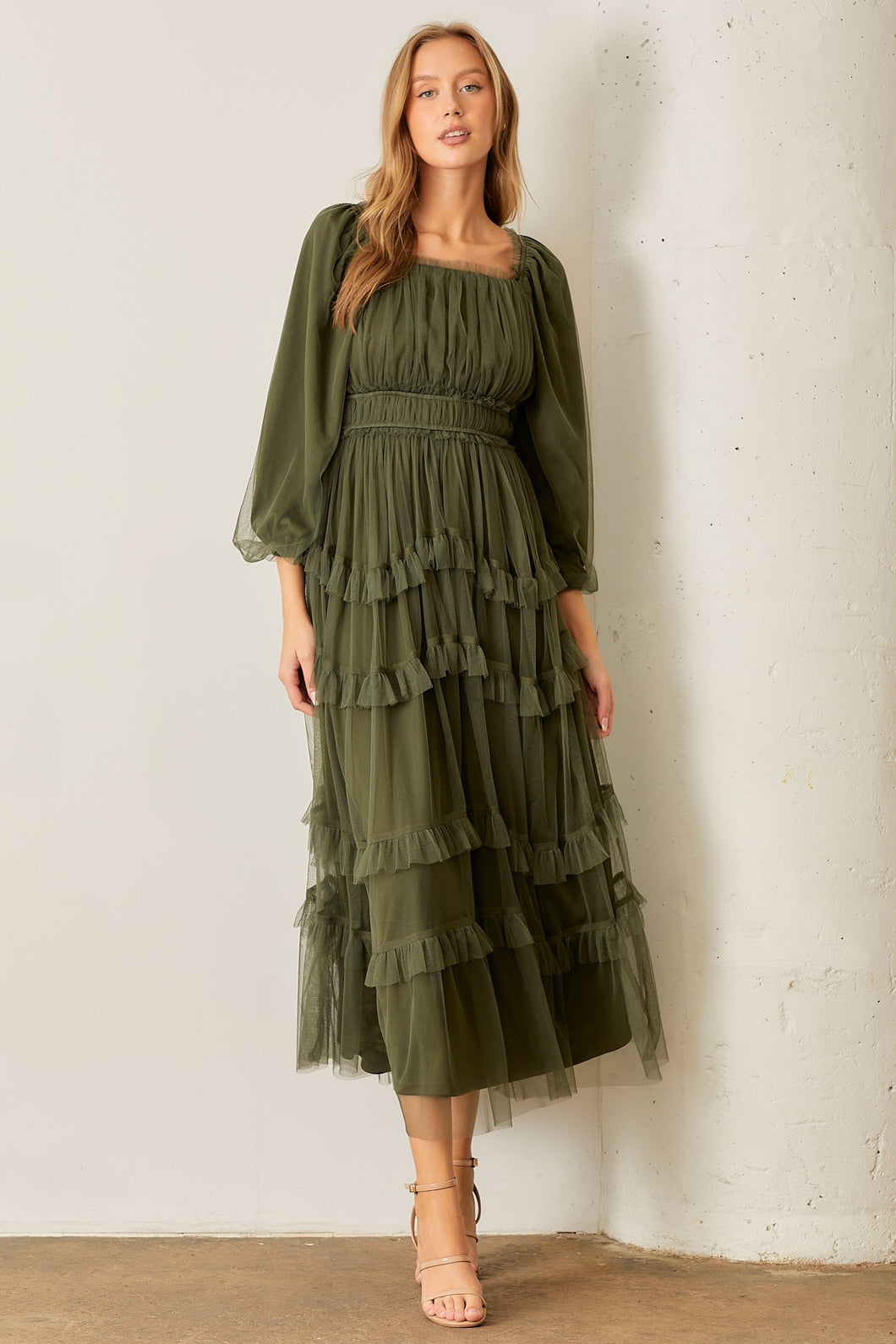 Polagram Long Sleeve Tulle Maxi Dress in Dark Olive