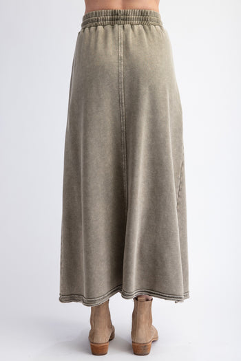 Easel Terry Knit Maxi Skirt in Faded Olive
