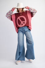 Load image into Gallery viewer, Easel Mixed Fabric Peace Sign Patch OVERSIZED Top in Burgundy
