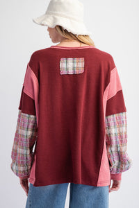 Easel Mixed Fabric Peace Sign Patch OVERSIZED Top in Burgundy