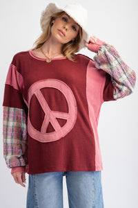 Easel Mixed Fabric Peace Sign Patch OVERSIZED Top in Burgundy