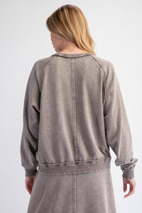 Easel Mineral Washed Solid Color Terry Knit Pullover Top in Mocha