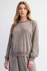 Easel Mineral Washed Solid Color Terry Knit Pullover Top in Mocha