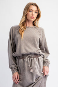 Easel Mineral Washed Solid Color Terry Knit Pullover Top in Mocha