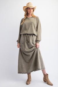 Easel Mineral Washed Solid Color Terry Knit Pullover Top in Faded Olive