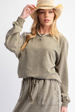 Load image into Gallery viewer, Easel Mineral Washed Solid Color Terry Knit Pullover Top in Faded Olive
