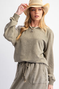 Easel Mineral Washed Solid Color Terry Knit Pullover Top in Faded Olive