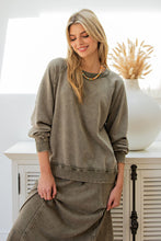 Load image into Gallery viewer, Easel Mineral Washed Solid Color Terry Knit Pullover Top in Faded Olive
