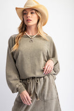 Load image into Gallery viewer, Easel Mineral Washed Solid Color Terry Knit Pullover Top in Faded Olive
