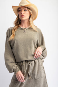 Easel Mineral Washed Solid Color Terry Knit Pullover Top in Faded Olive