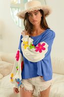 BiBi Color Block Top with Daisy Patched Sleeves in Denim FINAL SALE