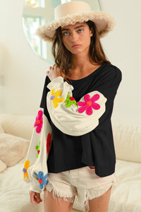 BiBi Color Block Top with Daisy Patched Sleeves in Black