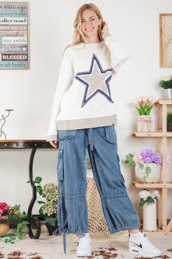 BlueVelvet Distressed Star Patch Top in Natural