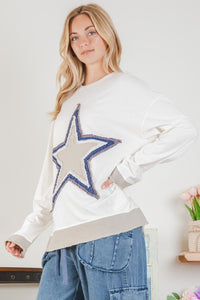 BlueVelvet Distressed Star Patch Top in Natural