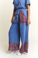J.Her Mineral Washed Boho Pants with Paisley Print Details in Denim Blue