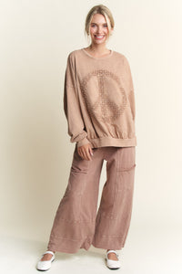 J.Her Mineral Washed Sweatshirt with Peace Sign on Front in Latte