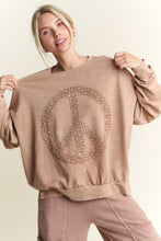 Load image into Gallery viewer, J.Her Mineral Washed Sweatshirt with Peace Sign on Front in Latte
