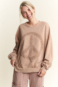 J.Her Mineral Washed Sweatshirt with Peace Sign on Front in Latte