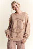 J.Her Mineral Washed Sweatshirt with Peace Sign on Front in Latte FINAL SALE