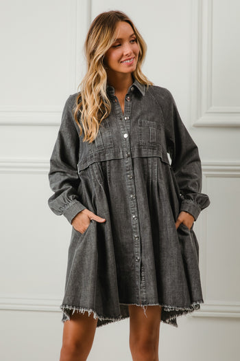 BiBi Denim Mineral Washed Button Down Dress in Ash