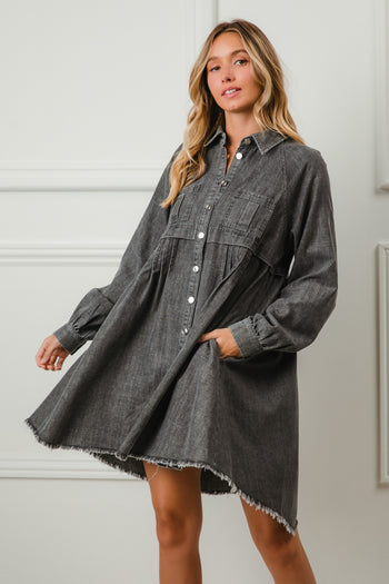 BiBi Denim Mineral Washed Button Down Dress in Ash