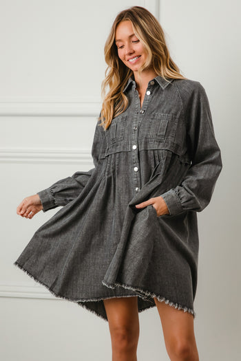 BiBi Denim Mineral Washed Button Down Dress in Ash
