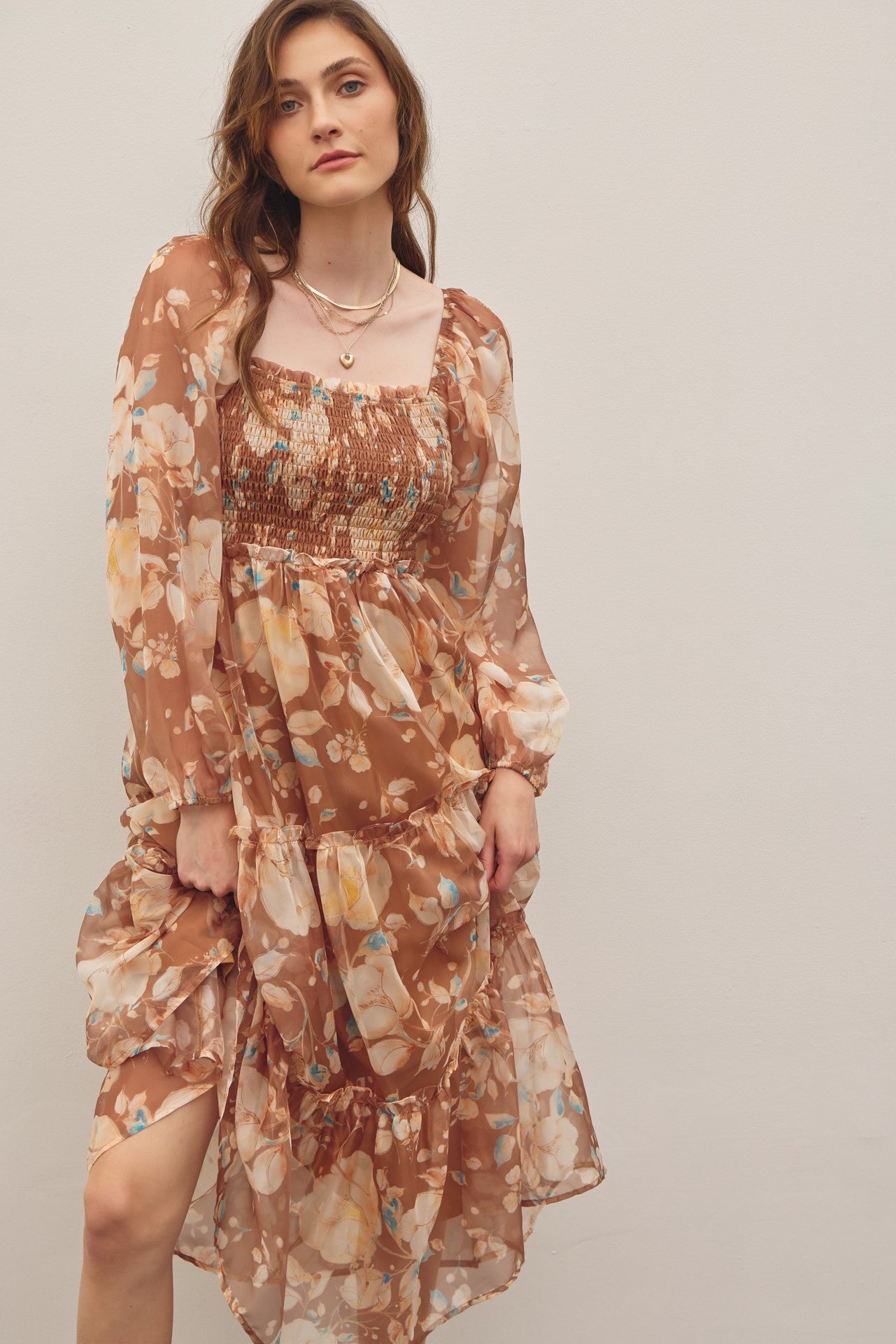 in February Floral Print Midi Dress in Brown Multi Final Sale S
