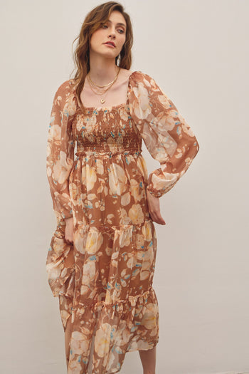 In February Floral Print Midi Dress In Brown Multi FINAL SALE S In February Floral Print Midi Dress In Brown Multi FINAL SALE S
