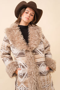 Blue B Western Aztec Jacquard Print Jacket with Faux Fur Lining in Beige Brown