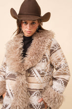 Load image into Gallery viewer, Blue B Western Aztec Jacquard Print Jacket with Faux Fur Lining in Beige Brown
