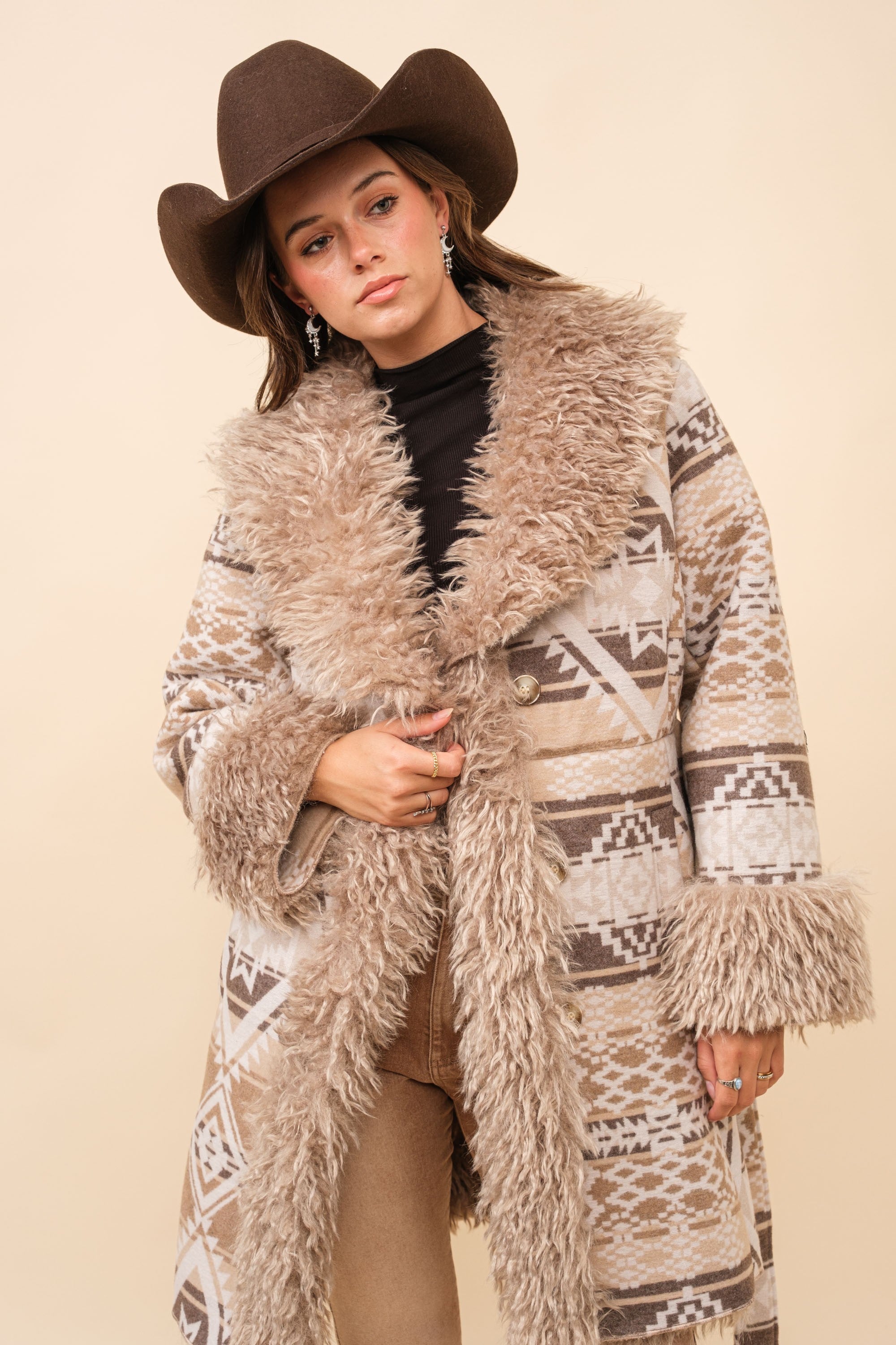 Blue B Western Aztec Jacquard Print Jacket with Faux Fur Lining in