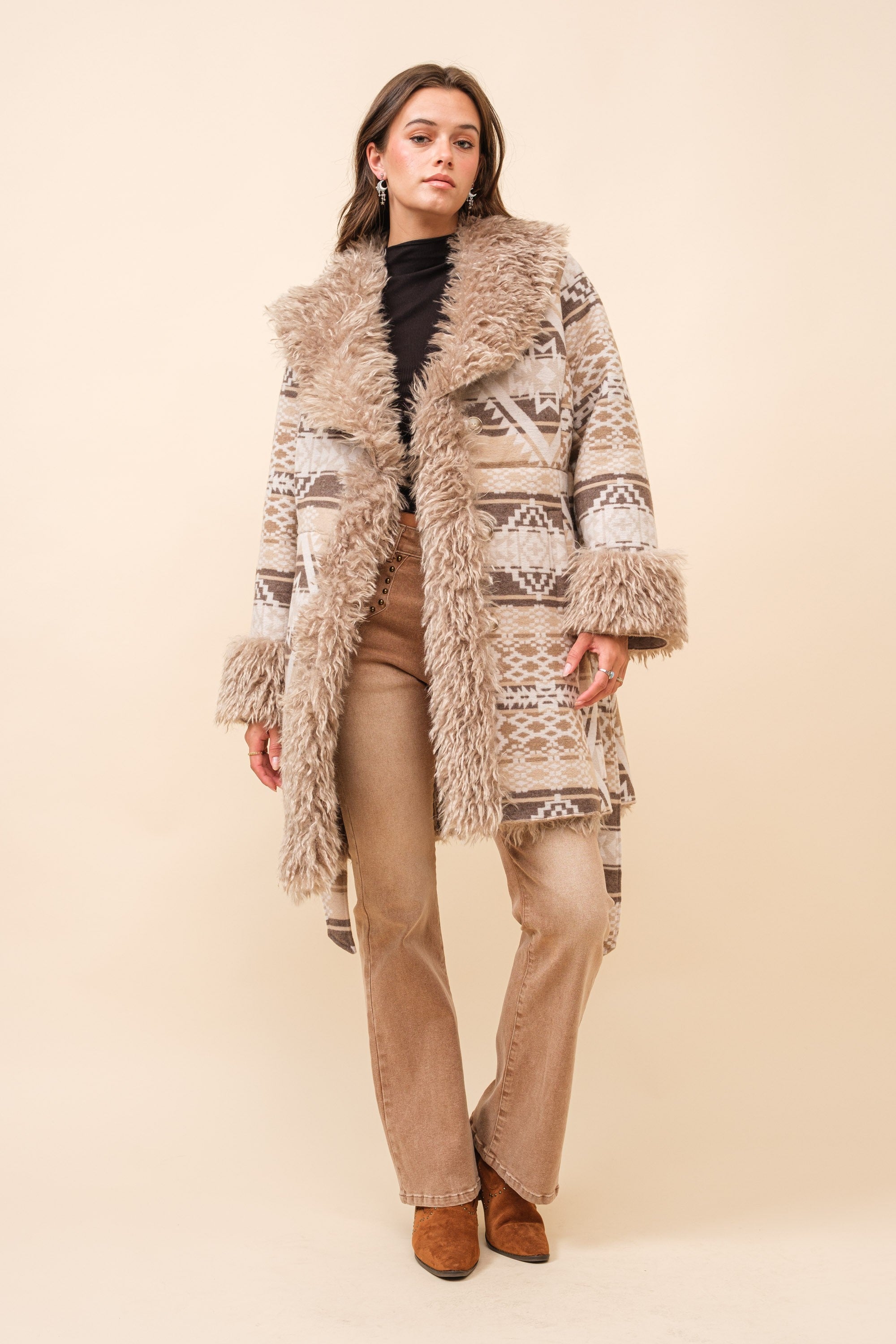 Blue B Western Aztec Jacquard Print Jacket with Faux Fur Lining in