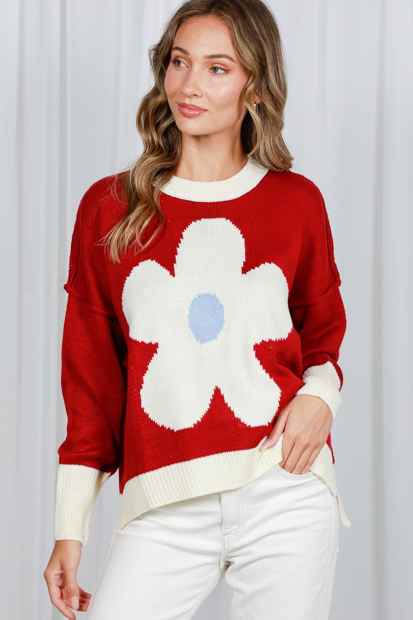 Vine & Love Daisy Jacquard Knit Sweater in Burgundy – June Adel