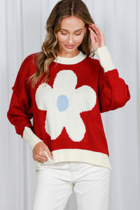 Vine & Love Daisy Jacquard Knit Sweater in Burgundy