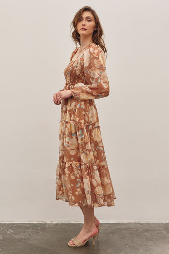 In February Floral Print Midi Dress In Brown Multi FINAL SALE S In February Floral Print Midi Dress In Brown Multi FINAL SALE S