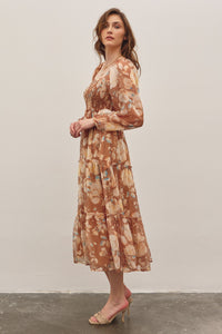 In February Floral Print Midi Dress in Brown Multi