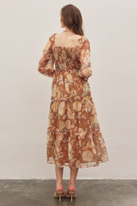 In February Floral Print Midi Dress in Brown Multi