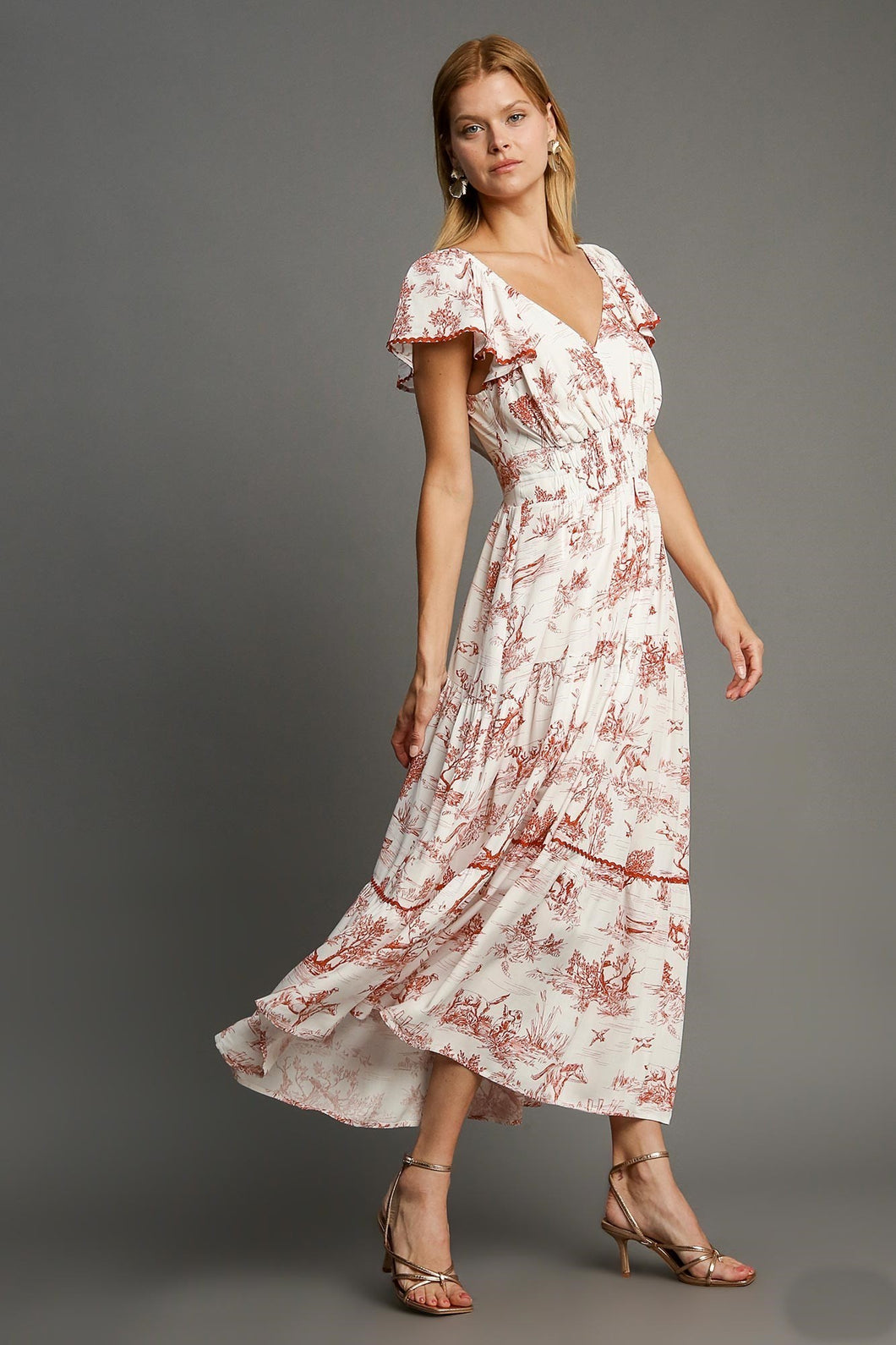 Umgee Two Toned Landscape Print Maxi Dress in Red