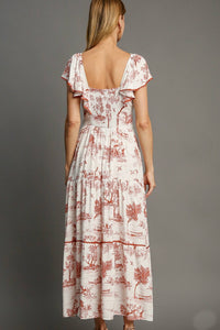 Umgee Two Toned Landscape Print Maxi Dress in Red