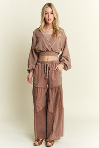 J.Her Solid Color Cut and Sew Chevron Pattern Pants in Espresso