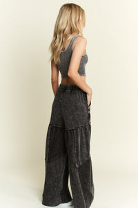 J.Her Solid Color Cut and Sew Chevron Pattern Pants in Ashed Black