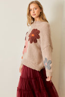 Polagram Solid Color Knit Sweater with Knit Flower Appliques in Natural