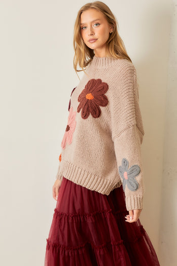 Polagram Solid Color Knit Sweater with Knit Flower Appliques in Natural