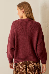 Polagram Solid Color Knit Sweater with Knit Flower Appliques in Burgundy